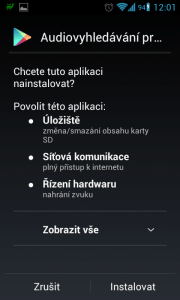 Schválení oprávnění aplikace Sound Search for Google Play