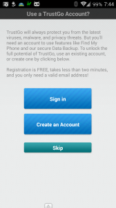 TrustGo Antivirus & Mobile Security: registrace nebo přihlášení