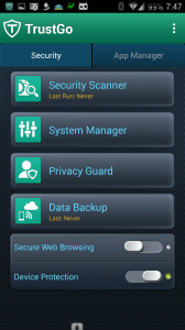 TrustGo Antivirus & Mobile Security: uživatelské rozhraní aplikace
