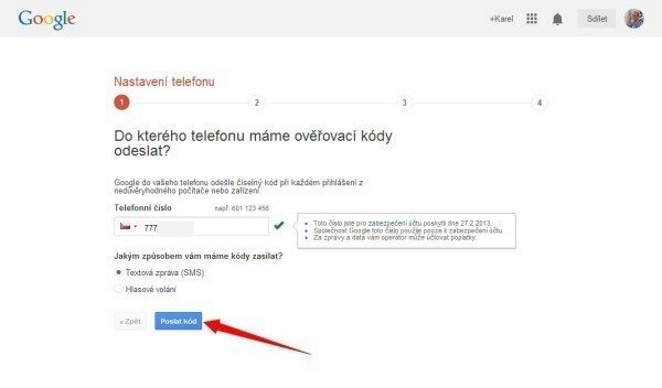 Telefonní číslo, na které si přejete dostávat ověřovací kódy