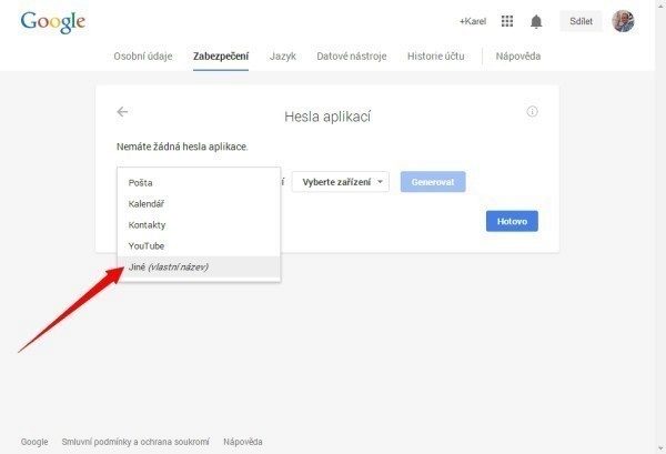 V nabídce Vyberte aplikaci zvolte Jiné a zadejte například Android