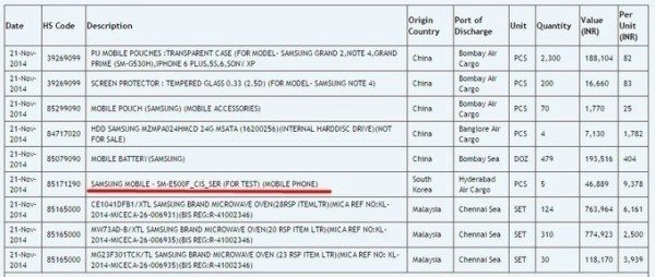 V databázi Zauba se objevil model Samsung SM-E500F