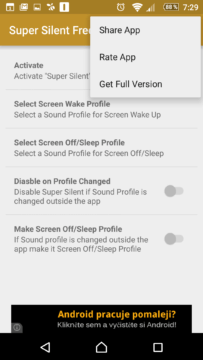 Kontextová nabídka aplikace Super Silent
