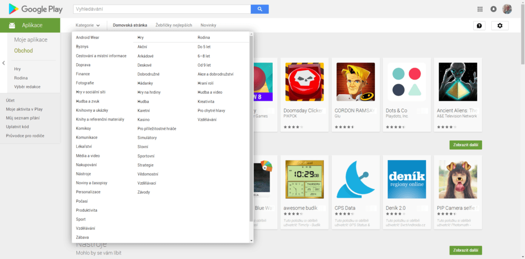 Obchod Play: stávající kategorie
