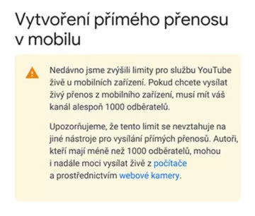 limit živé vysílání youtube android