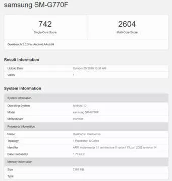 galaxy s10 lite snapdragon 855 geekbench