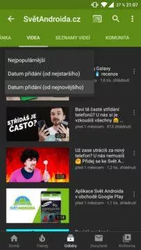 mobilní aplikace YouTube řazení videí