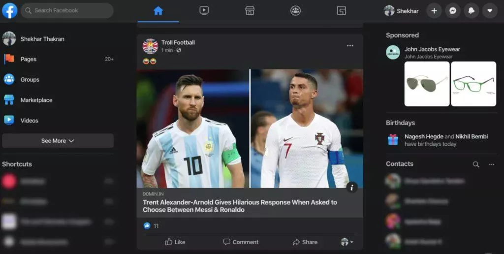 tmavý režim Facebook desktop news feed