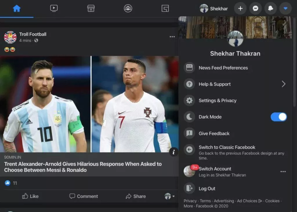 tmavý režim Facebook desktop pravé menu