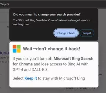 Google Chrome změna vyhledávače na Bing upozornění Windows
