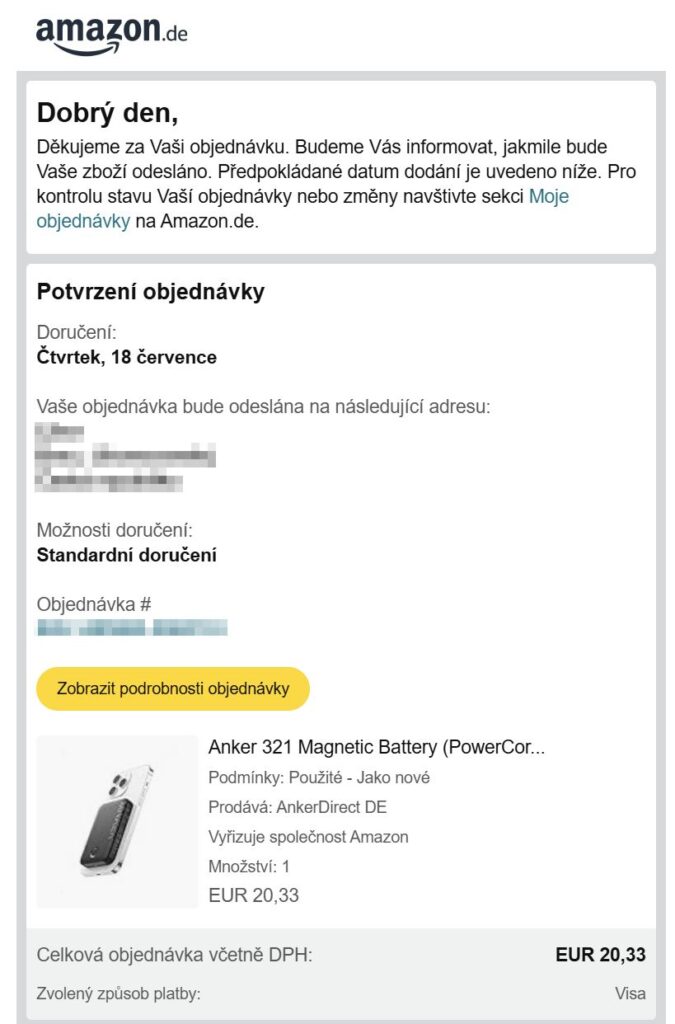 Amazon email potvrzení objednávky