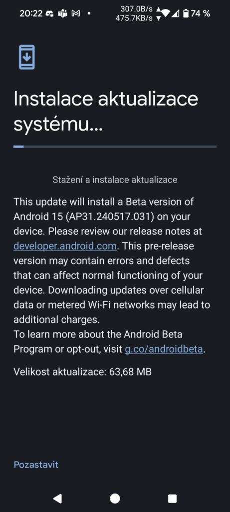 Aktualizace Android 15 beta 3.1