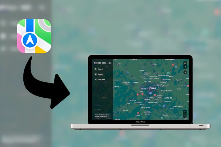 Ikona Apple Map se šipkou směřující na macbook ve kterém jsou Apple Mapy otevřeny ve webovém rozhraní.