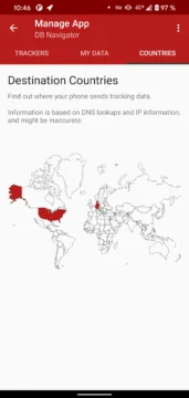 Záložka Countries v aplikaci Tracker Control