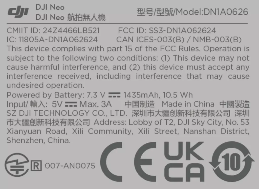 DJI Neo FCC