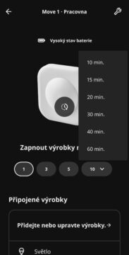 IKEA Home Smart konfigurace detektoru pohybu, doba zapnutí