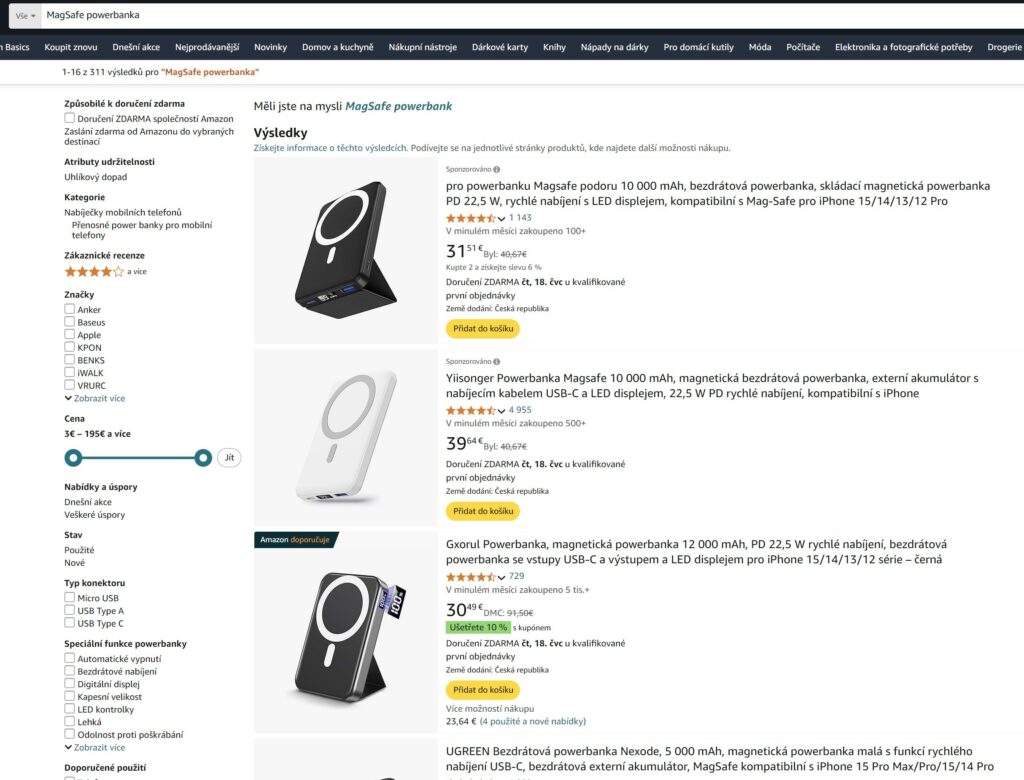 Amazon, vyhledání zboží