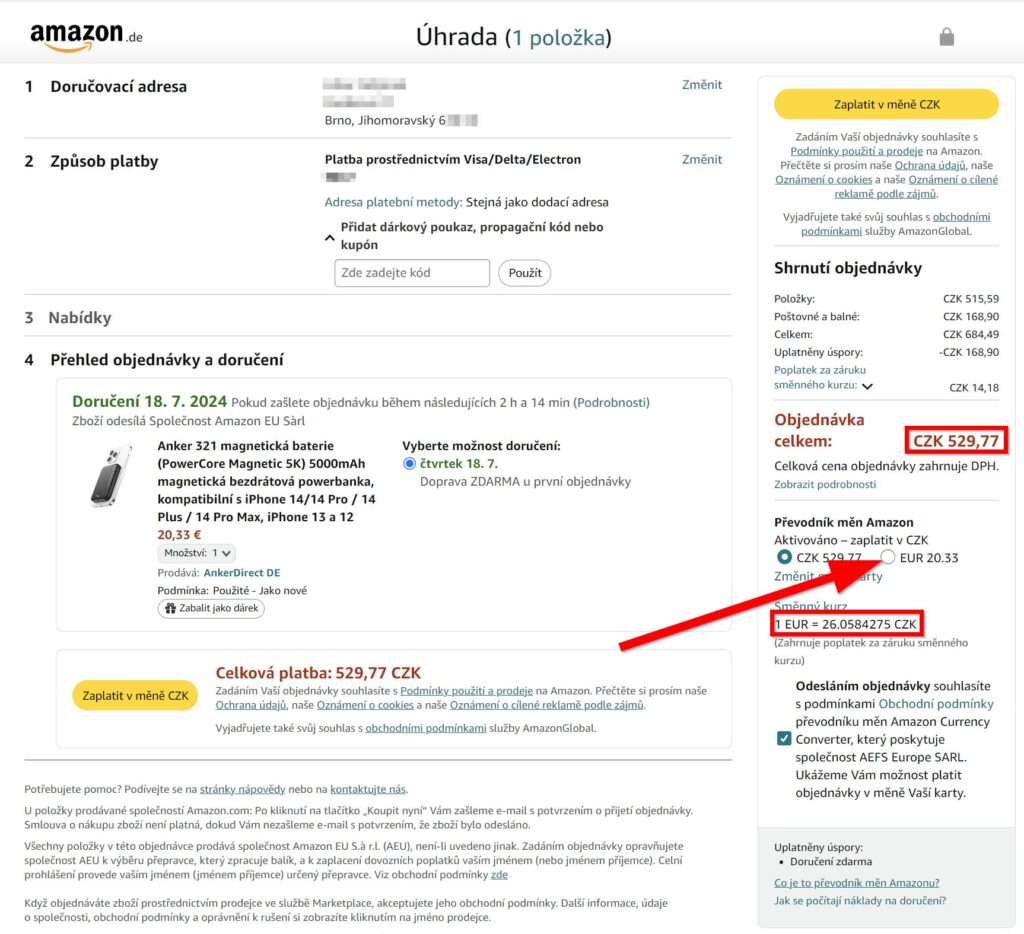 Amazon objednávka platba