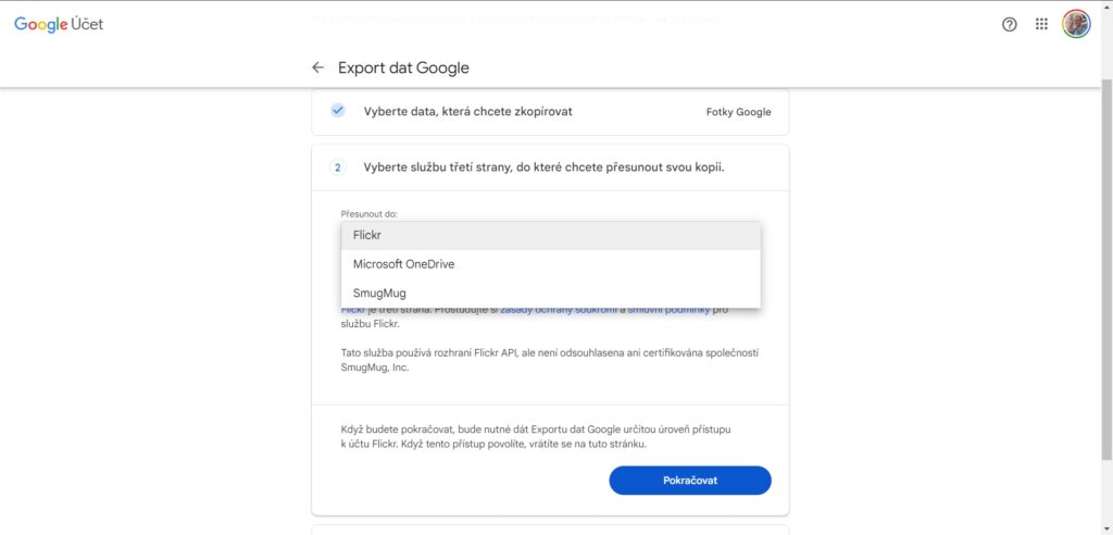 Ve třetím kroku následuje výběr služby, do které budou fotografie a videa zkopírovány