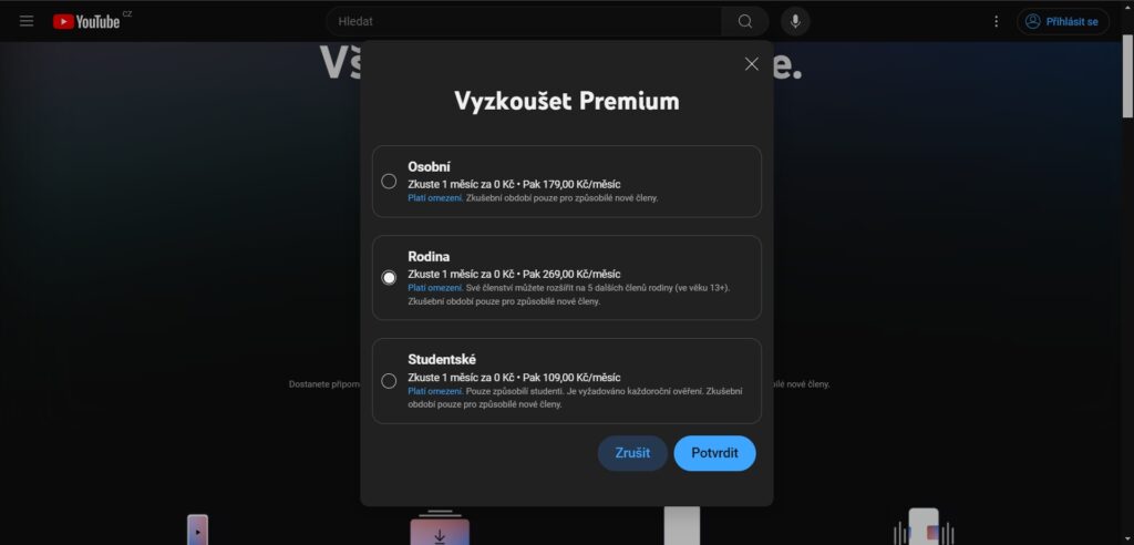 Volba tarifu YouTube Premium