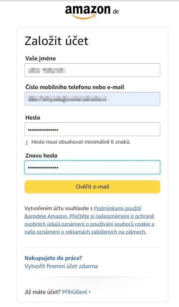 Amazon, vytvoření účtu