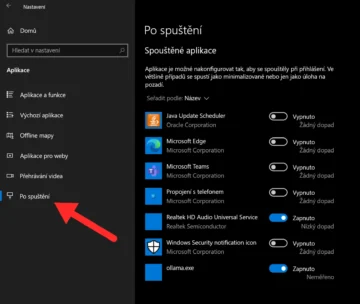 Windows Nastavení/Aplikace/Po spuštění