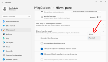 Možnost přesunutí ikon vlevo v nastavení hlavního panelu ve Windows 11