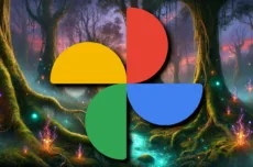 Logo aplikace Fotky Google na AI-generovaném pozadí