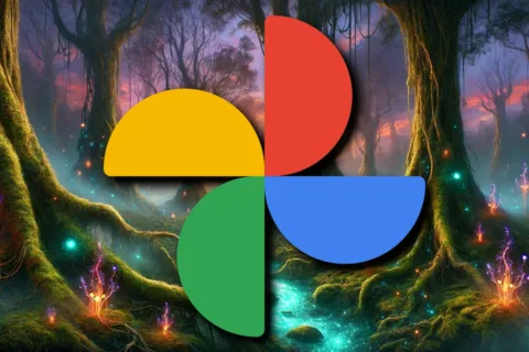 Logo aplikace Fotky Google na AI-generovaném pozadí