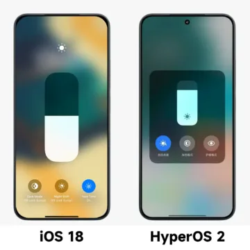 Xiaomi HyperOS 2.0 ovládání jasu (srovnání s iOS 18)