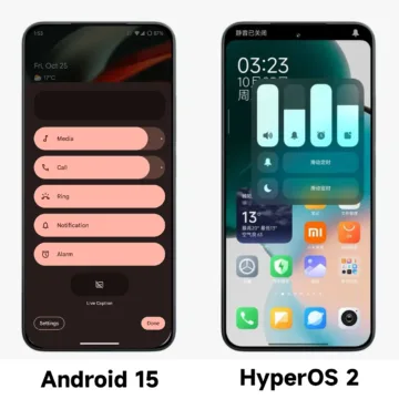 Xiaomi HyperOS 2 ovládání hlasitosti (srovnání s Androidem 15)