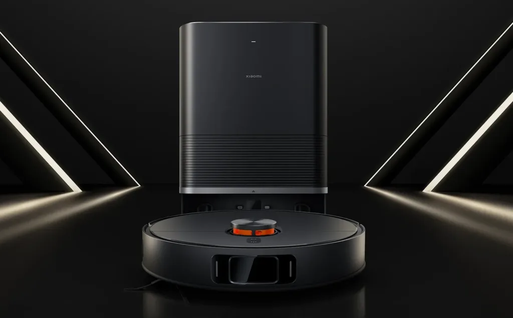 Xiaomi Robot Vacuum X20 Max s dokovací stanicí na černém pozadí