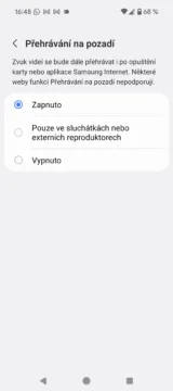 Samsung Internet Přehrávání na pozadí zapnuto