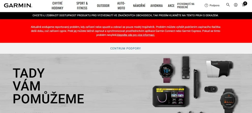 Aktuální podoba stránky Garmin Support