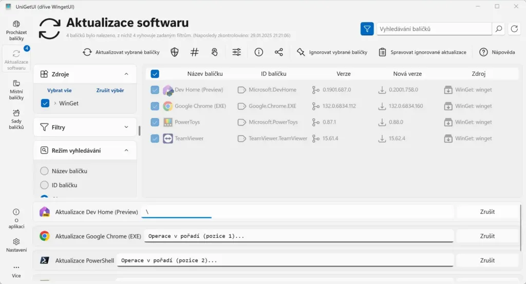 UniGetUI, automatická aktualizace aplikací