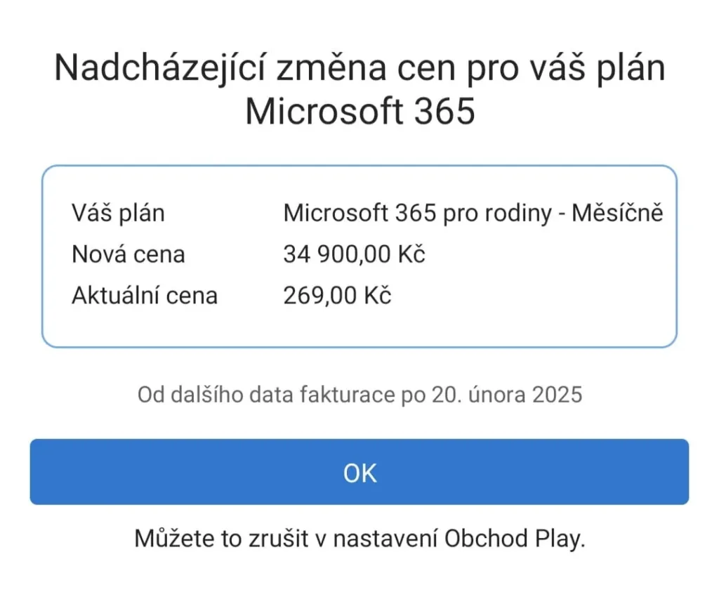 Změna ceny za Microsoft 365