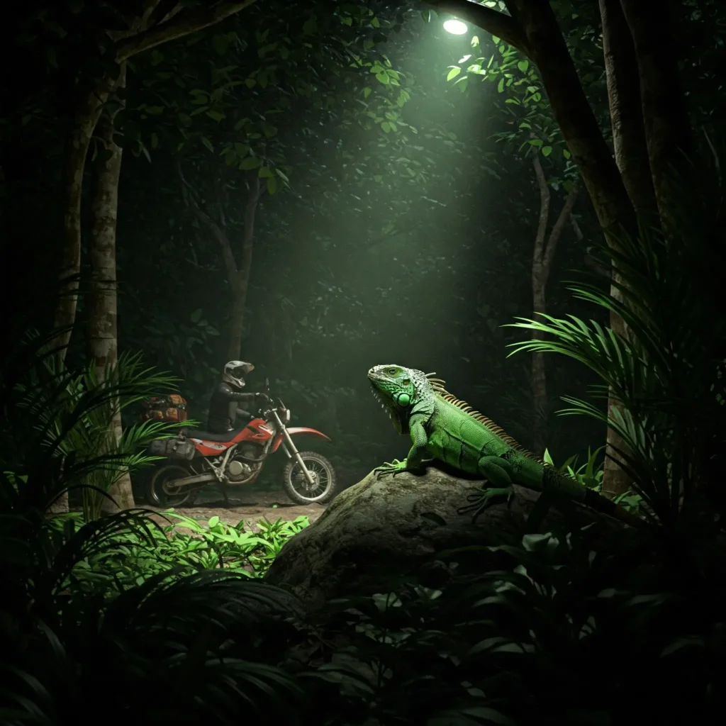 Prompt: iguana on the rock, amazonian rainforest, motorbike in the background, light shadow, deep night --ar 2:3 --quality 2 --style raw --sref 2547400122 --profile dv7qd3r --sw 100 --stylize 800