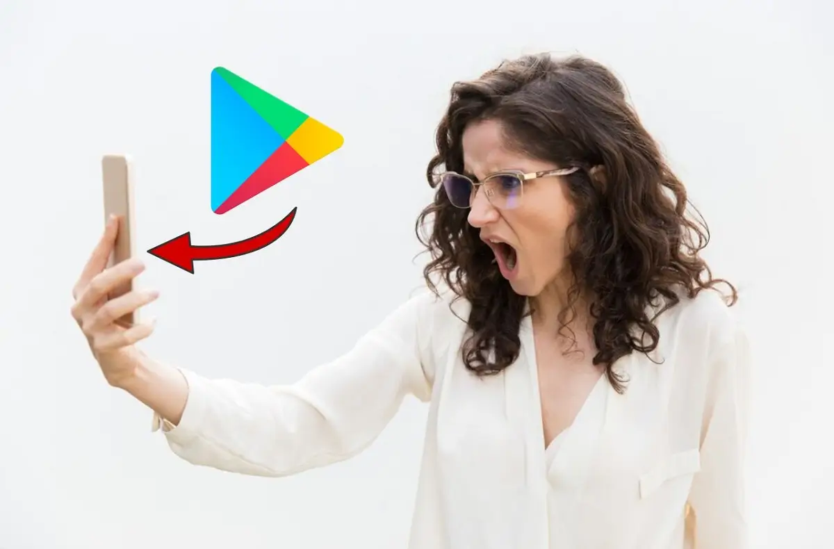 rozčilená žena s mobilem a Google Play