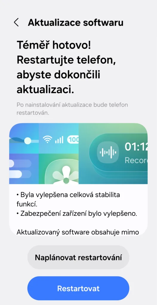 Aktualizace Galaxy S25, restart