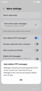 Samsung Messages, automatické mazání OTP zpráv