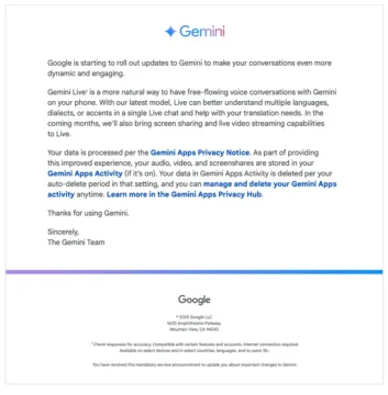 Google Gemini e-mail ohledně funkcí a ochrany soukromí