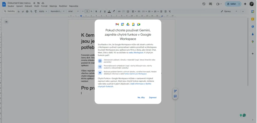 Google Workspace Gemini integrace čeština