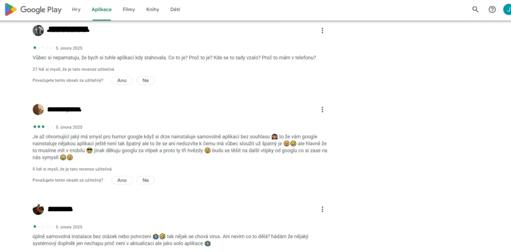 stížnosti uživatelů na Google Play