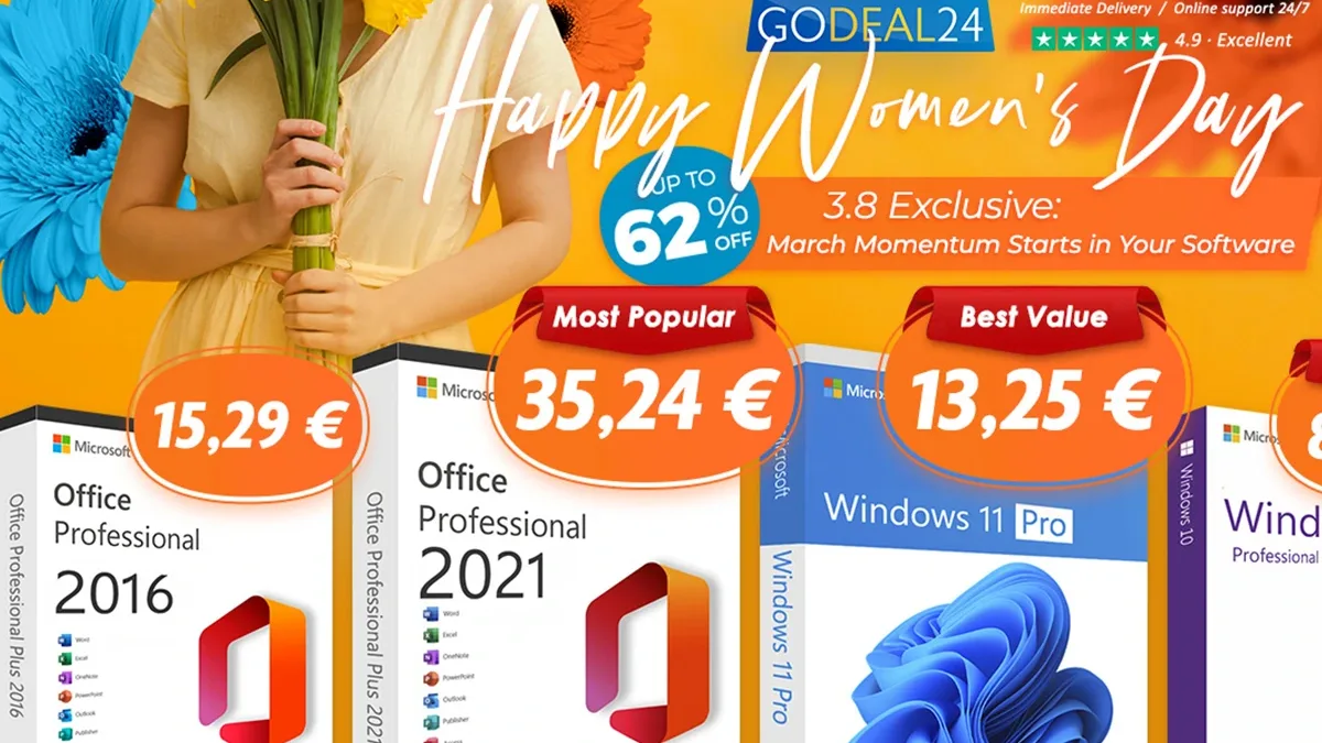 Oslava Mezinárodního dne žen s Godeal24! Doživotní MS Office za speciální cenu 15,29 €! Upgrade operačního systému pouze za 8,25 €!