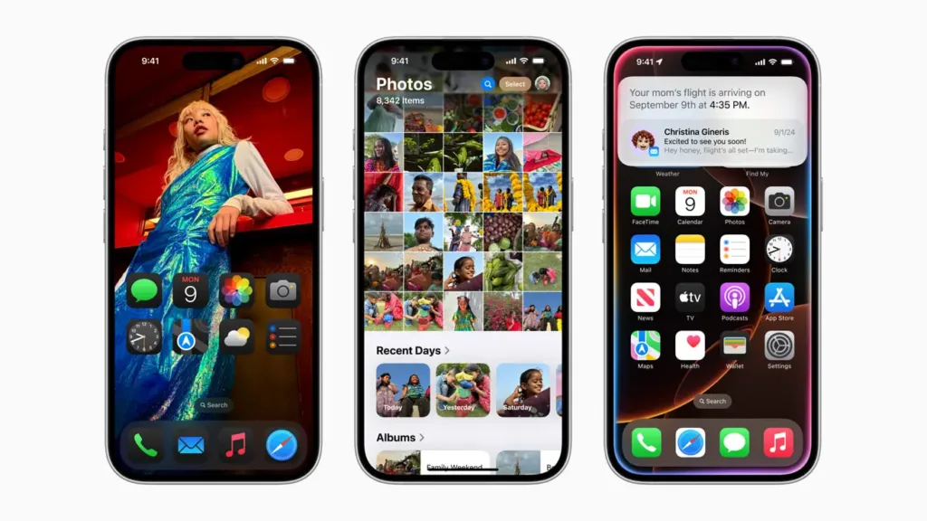 ios 18 tri telefony vedle sebe domovska obrazovka fotky