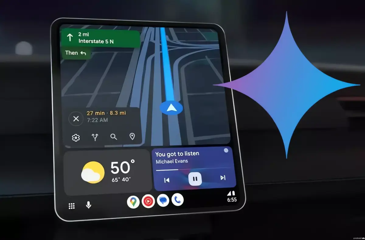 logo google gemini vedle displeje s android auto