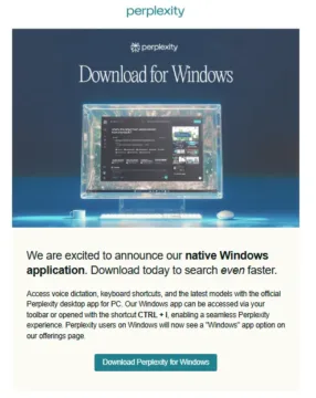 perplexity oznameni o aplikaci pro windows z emailu