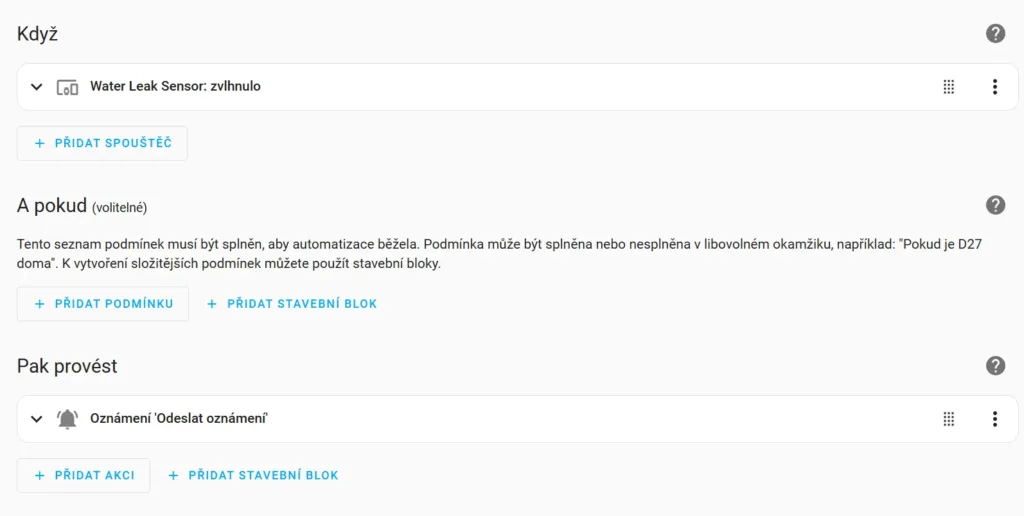 Home Assistant, akce detekce vody