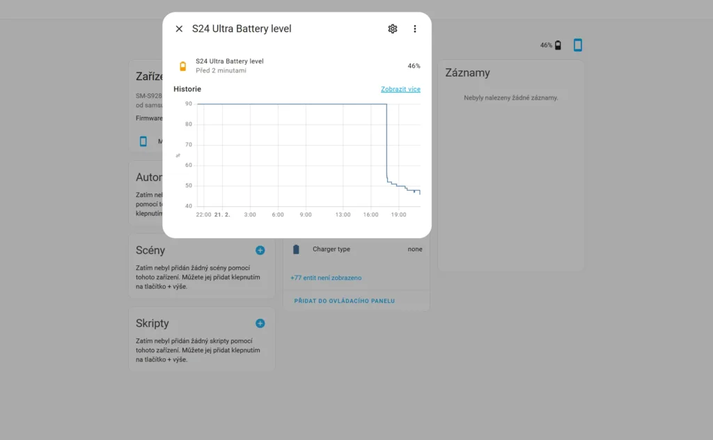 Home Assistant, historie baterie mobilu