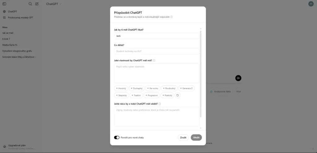 ChatGPT nabídka Přizpůsobit
